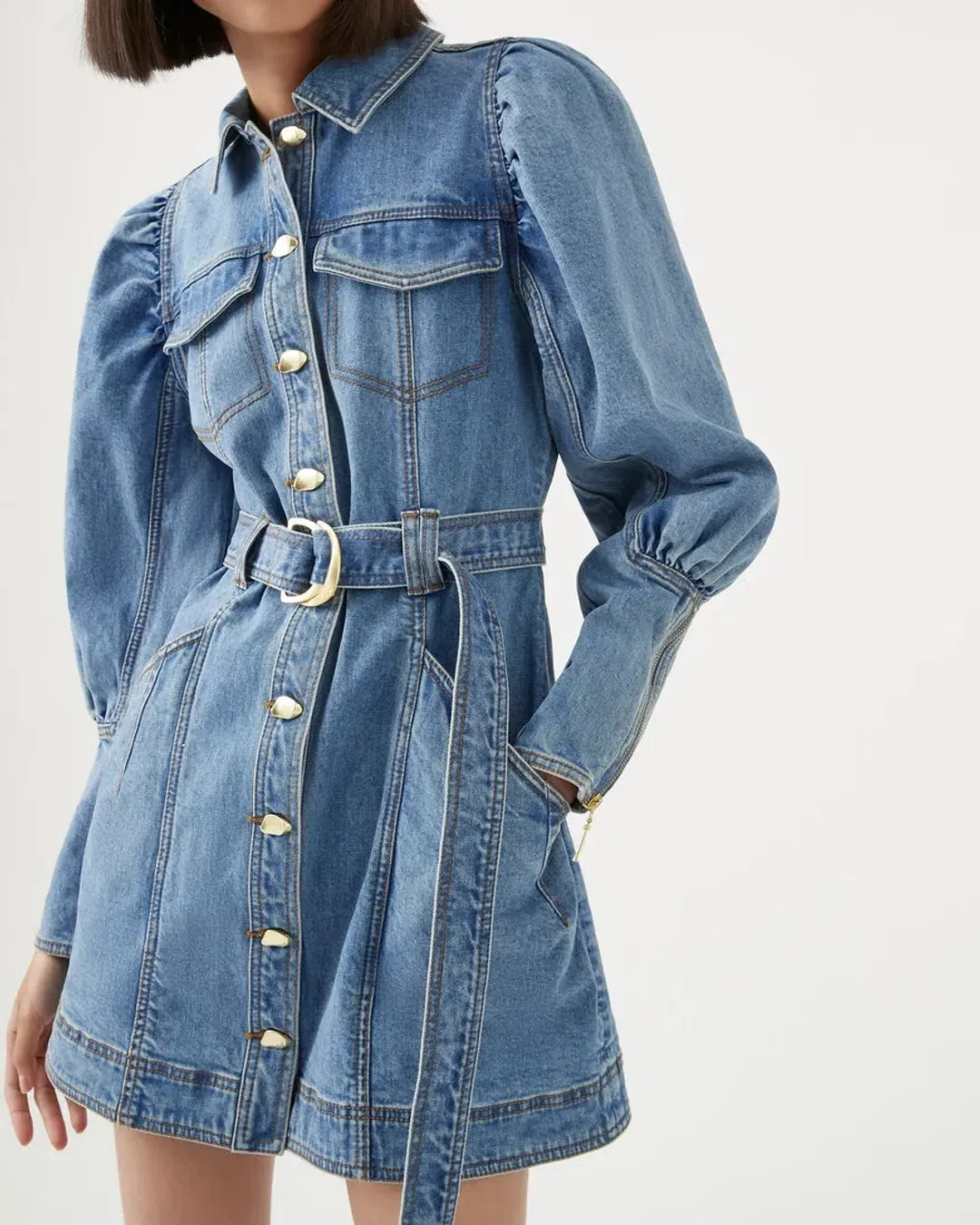 Aje Dione Long Sleeved Denim Mini Dress Blue Size 6 for rent on The Volte - main image