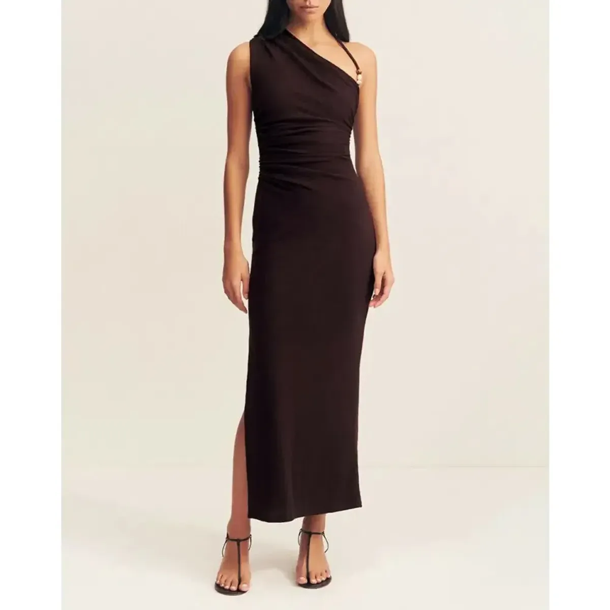 Shona Joy Beau Gathered Asymmetrical Midi Dress Brown Size AU 8 for rent on The Volte - main image