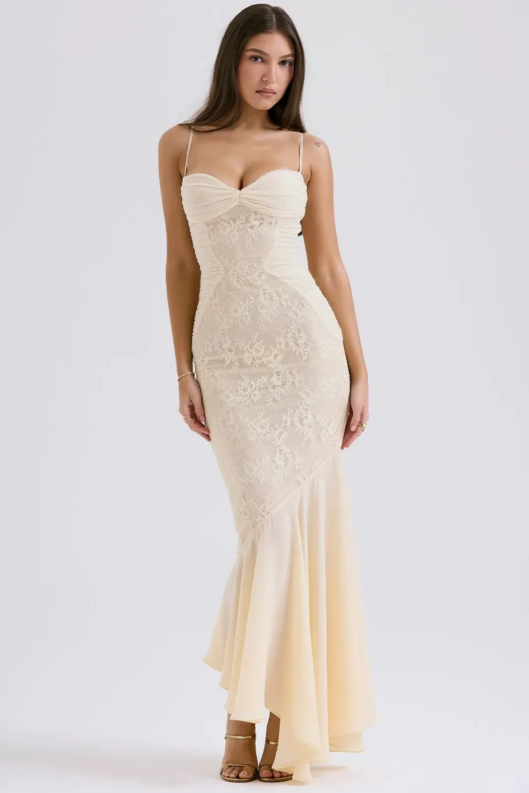 House of CB Felicia Chiffon Lace Maxi Gown in Vanilla Size XS / AU 6 (Regular Cup) for rent on The Volte - main image