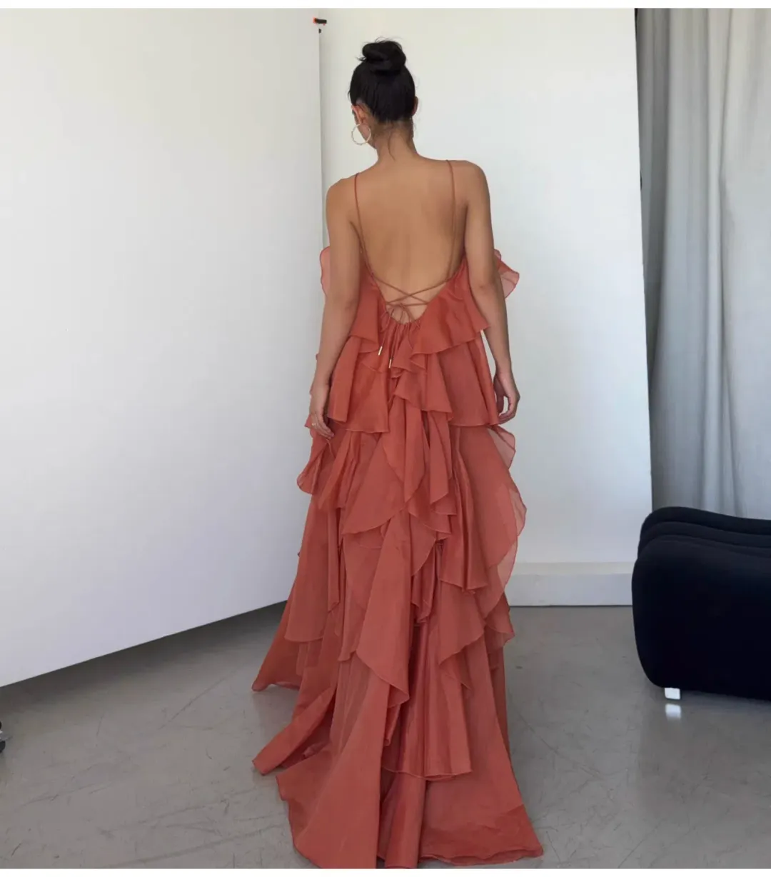 Aje Pandorea Layered Maxi Dress in Coral Clay Size AU 6 for rent on The Volte - main image