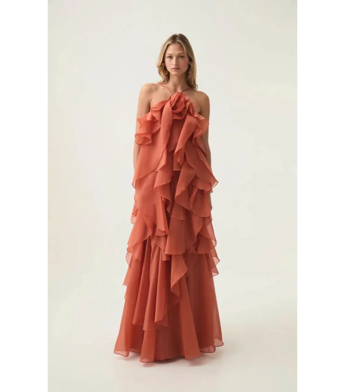 Aje Pandorea Layered Maxi Dress in Coral Clay Size AU 6 for rent on The Volte - main image