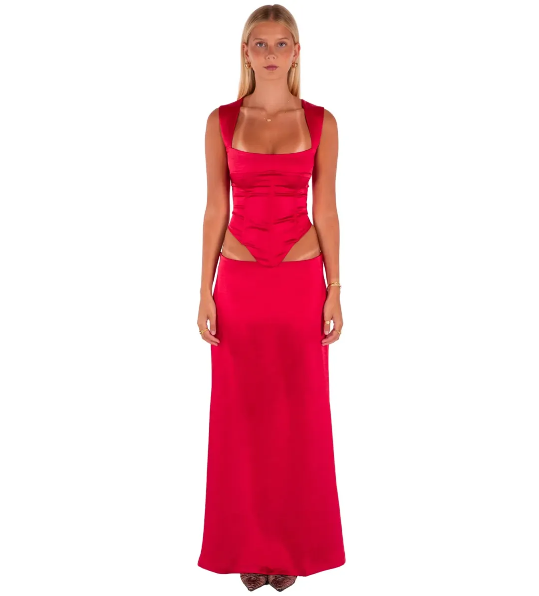 I am Delilah Valerie Corset and Skirt Set in Cherry Size XS / AU 6 for rent on The Volte - main image