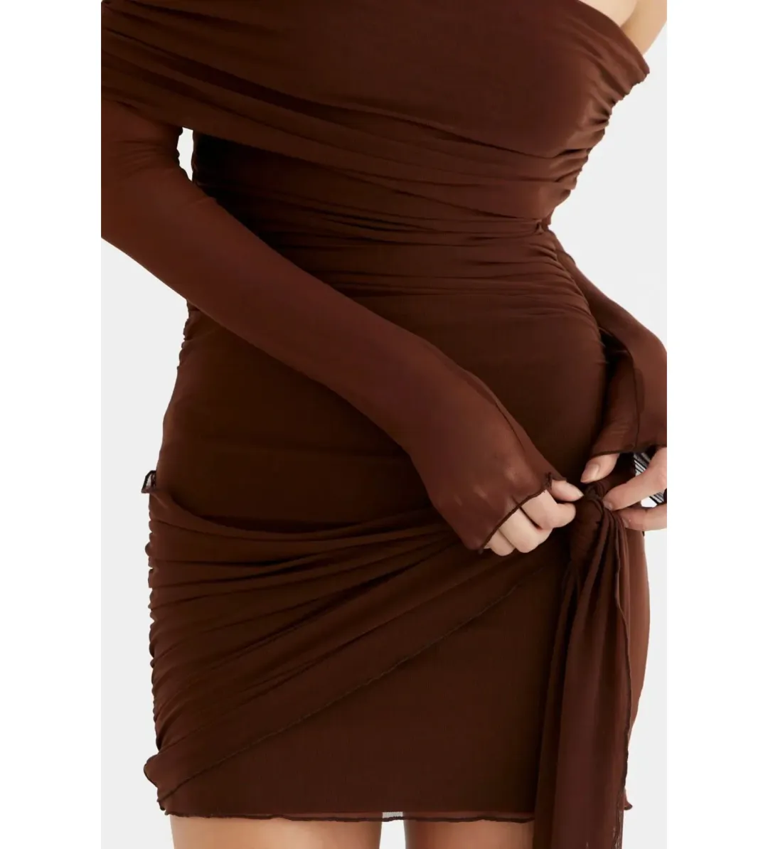 Benni Yasmin Off Shoulder Mini Dress in Cacao Size AU 6 for rent on The Volte - main image