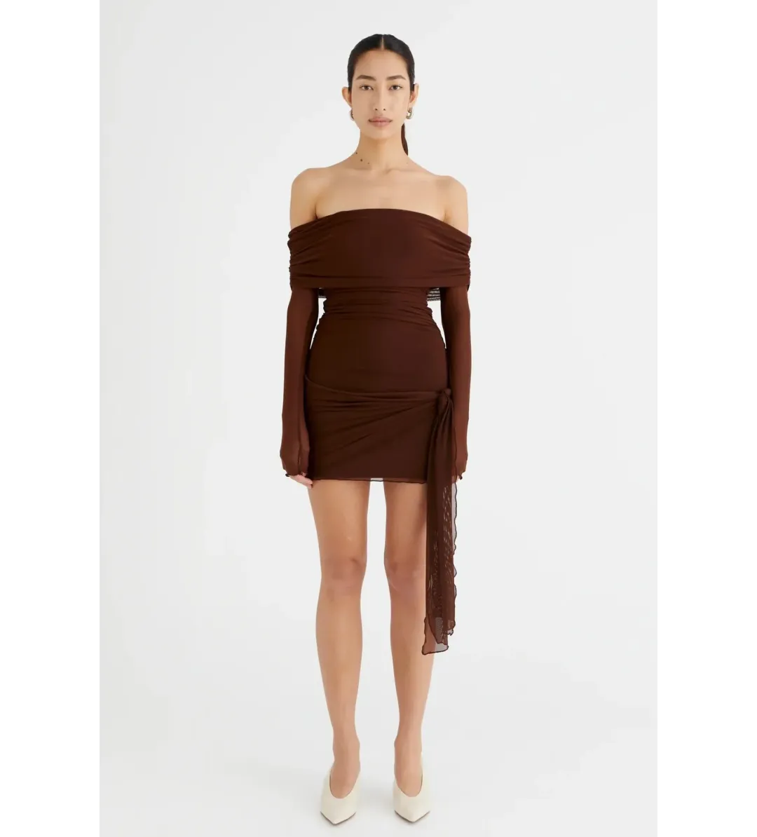 Benni Yasmin Off Shoulder Mini Dress in Cacao Size AU 6 for rent on The Volte - main image