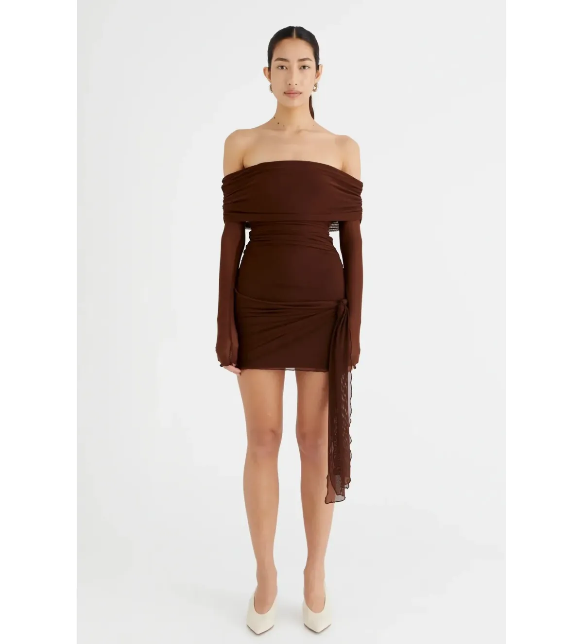 Benni Yasmin Off Shoulder Mini Dress in Cacao Size AU 6 for rent on The Volte - main image