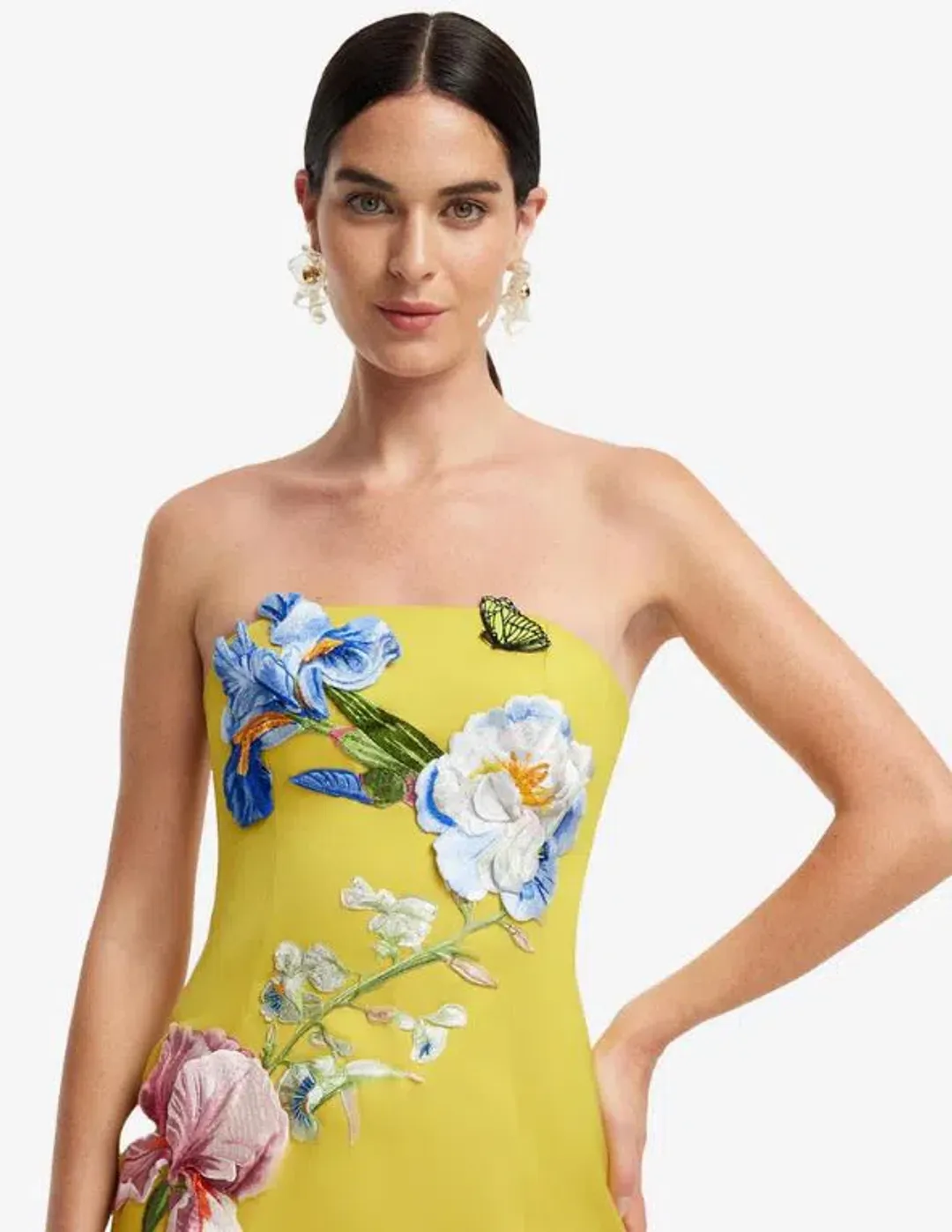 Leo Lin Rayna Applique Floral Bustier Midi Dress in Mustard Size 8 for rent on The Volte - main image