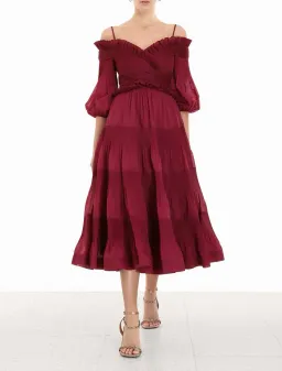 Zimmerman Pleated Off Shoulder Midi Dress Berry Size 1/AU 10 for rent on The Volte - image 1