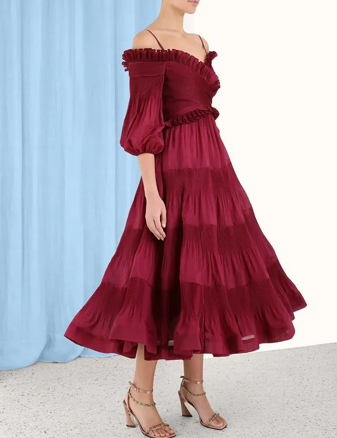 Zimmerman Pleated Off Shoulder Midi Dress Berry Size 1/AU 10 for rent on The Volte - main image