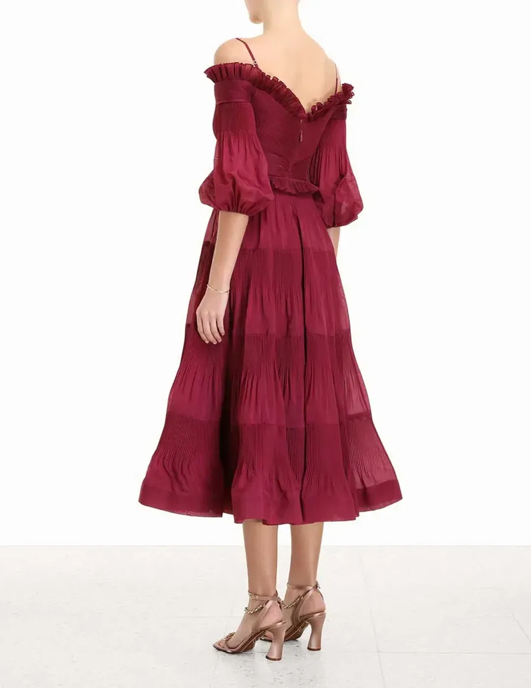 Zimmerman Pleated Off Shoulder Midi Dress Berry Size 1/AU 10 for rent on The Volte - main image