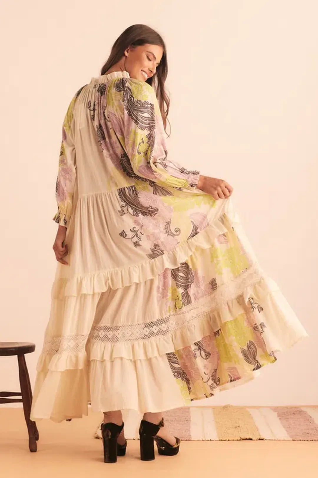 Bohemian Traders Castello Ruffle Maxi Dress Cream Size 12 for rent on The Volte - main image