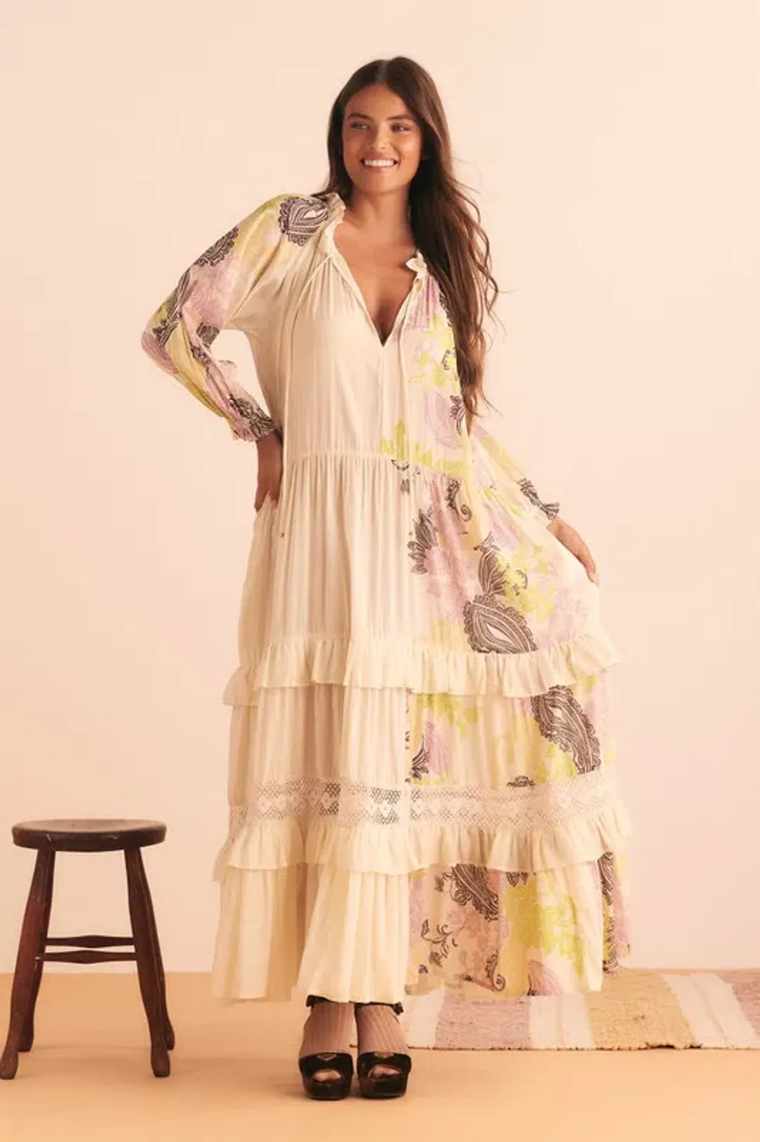 Bohemian Traders Castello Ruffle Maxi Dress Cream Size 12 for rent on The Volte - main image