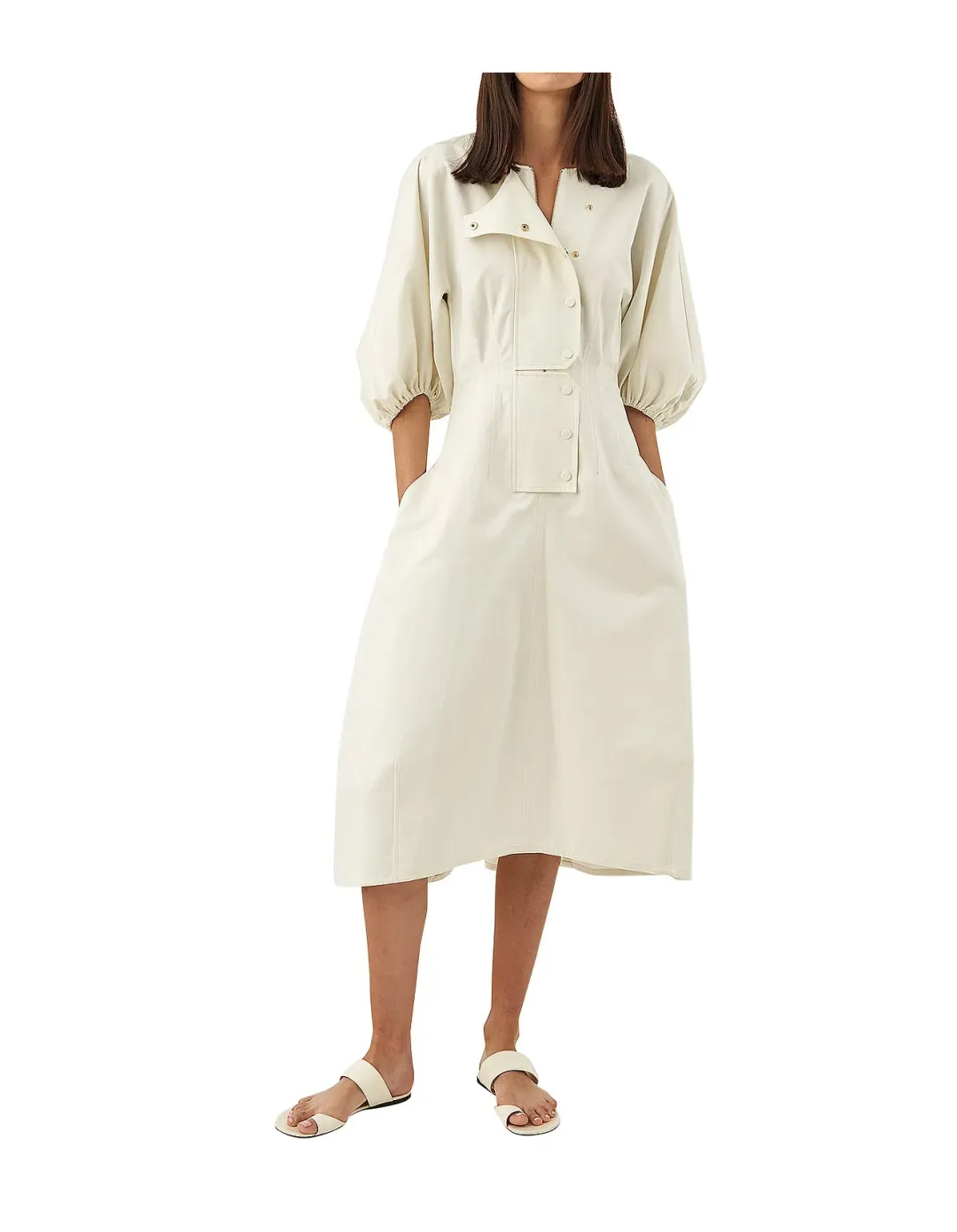 Oroton Sculptured Sleeve Midi Dress in Egg Shell Cream Size 8 for rent on The Volte - main image