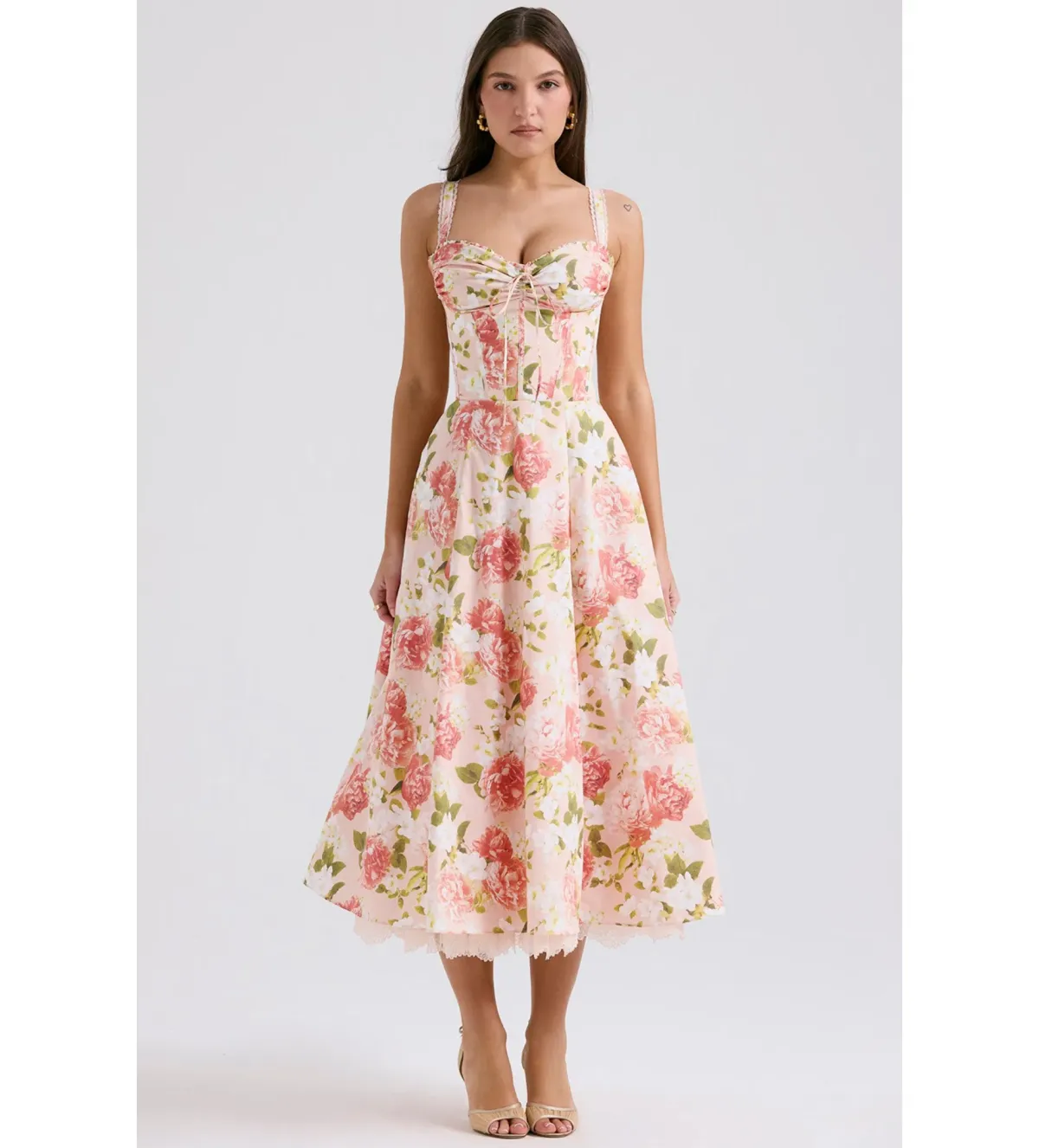 House of CB Rosalee Cotton Bustier Midi Sundress Pink Peony Print Size AU 8 for rent on The Volte - main image