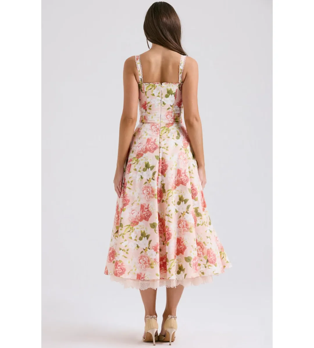 House of CB Rosalee Cotton Bustier Midi Sundress Pink Peony Print Size AU 8 for rent on The Volte - main image