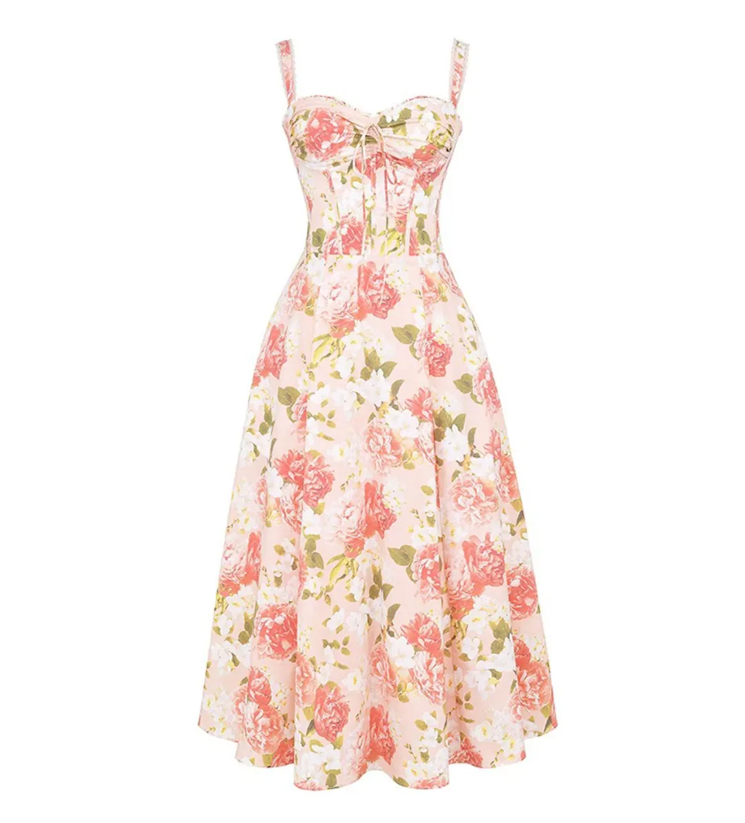 House of CB Rosalee Cotton Bustier Midi Sundress Pink Peony Print Size AU 8 for rent on The Volte - main image