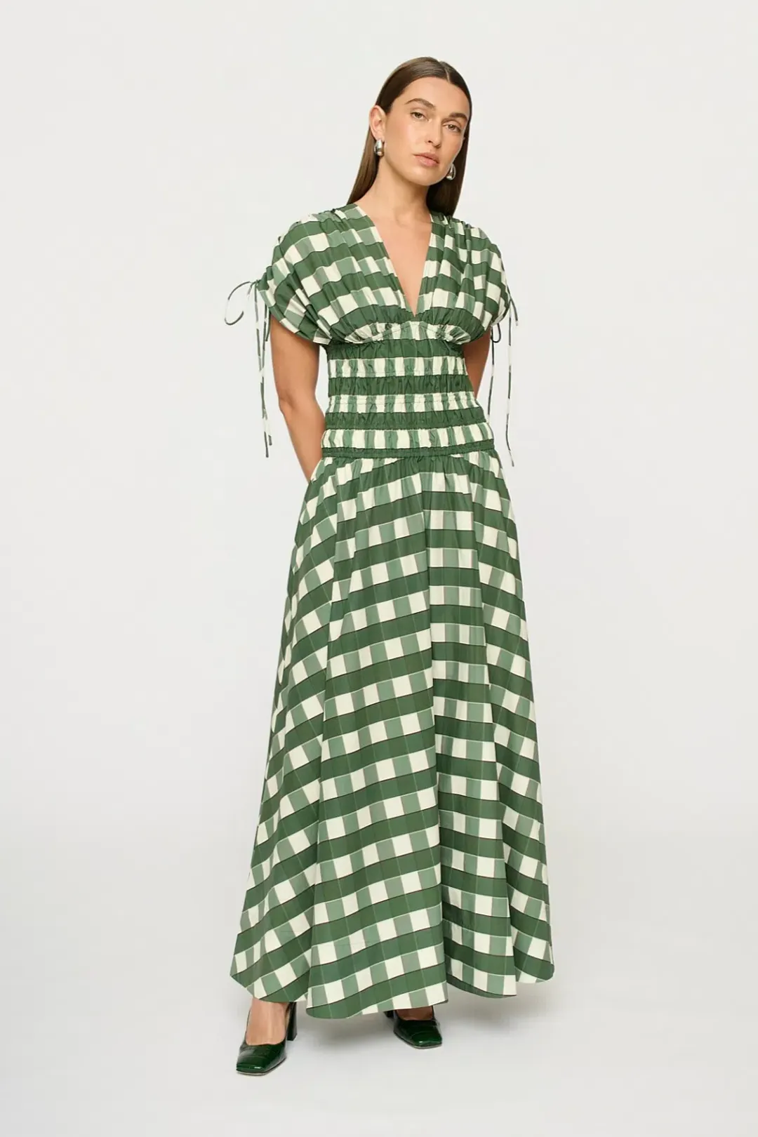 Clea Ottavia Maxi Dress Green Check Size 6/XS for rent on The Volte - main image