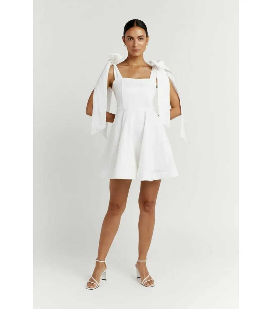 Dissh Aisle Linen Bow Tie Shoulder Mini Dress White Size AU 10  for rent on The Volte - main image