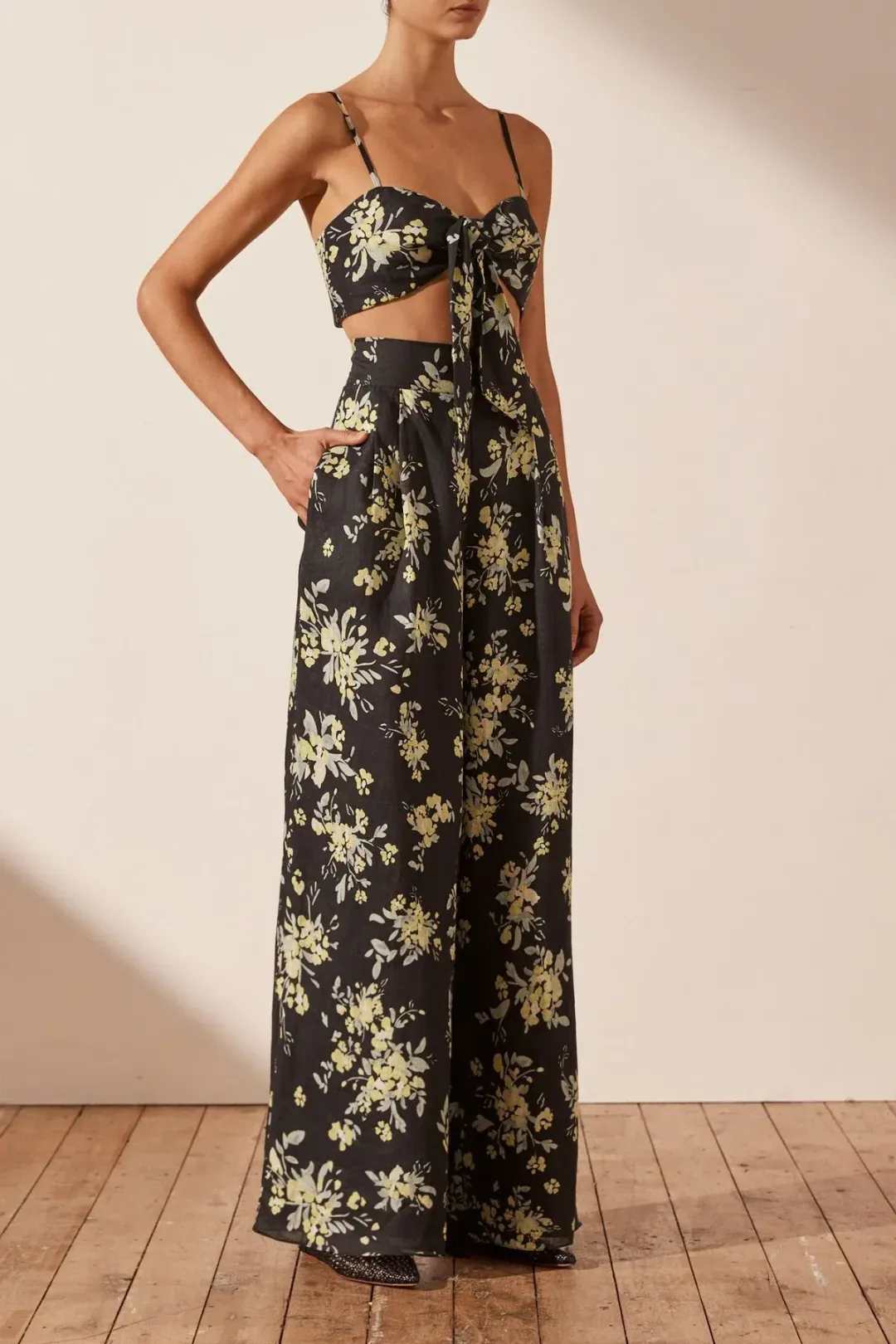 Shona Joy Goldie Tie Front Top & Pant Set Black Size AU 6 for rent on The Volte - main image