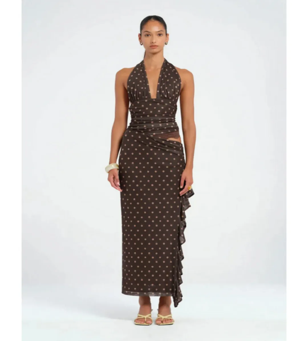 Benni Penelope Maxi Dress in Chocolate Polka Dot Size AU 6 for rent on The Volte - main image