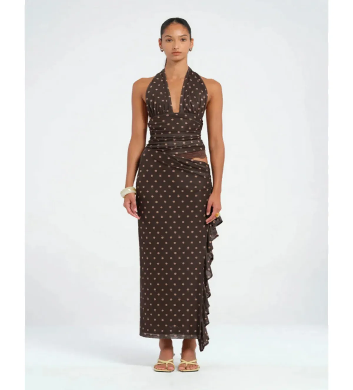 Benni Penelope Maxi Dress in Chocolate Polka Dot Size AU 6 for rent on The Volte - main image