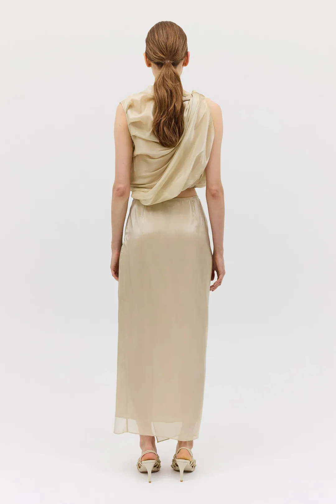 Bianca Spender Champagne Liquid Organza Tumble Top Gold Size 8/S for rent on The Volte - main image