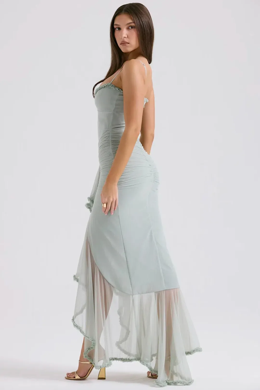 House Of Cb Gabriella Pistachio Ruffled Front Gown Size AU 8 for rent on The Volte - main image