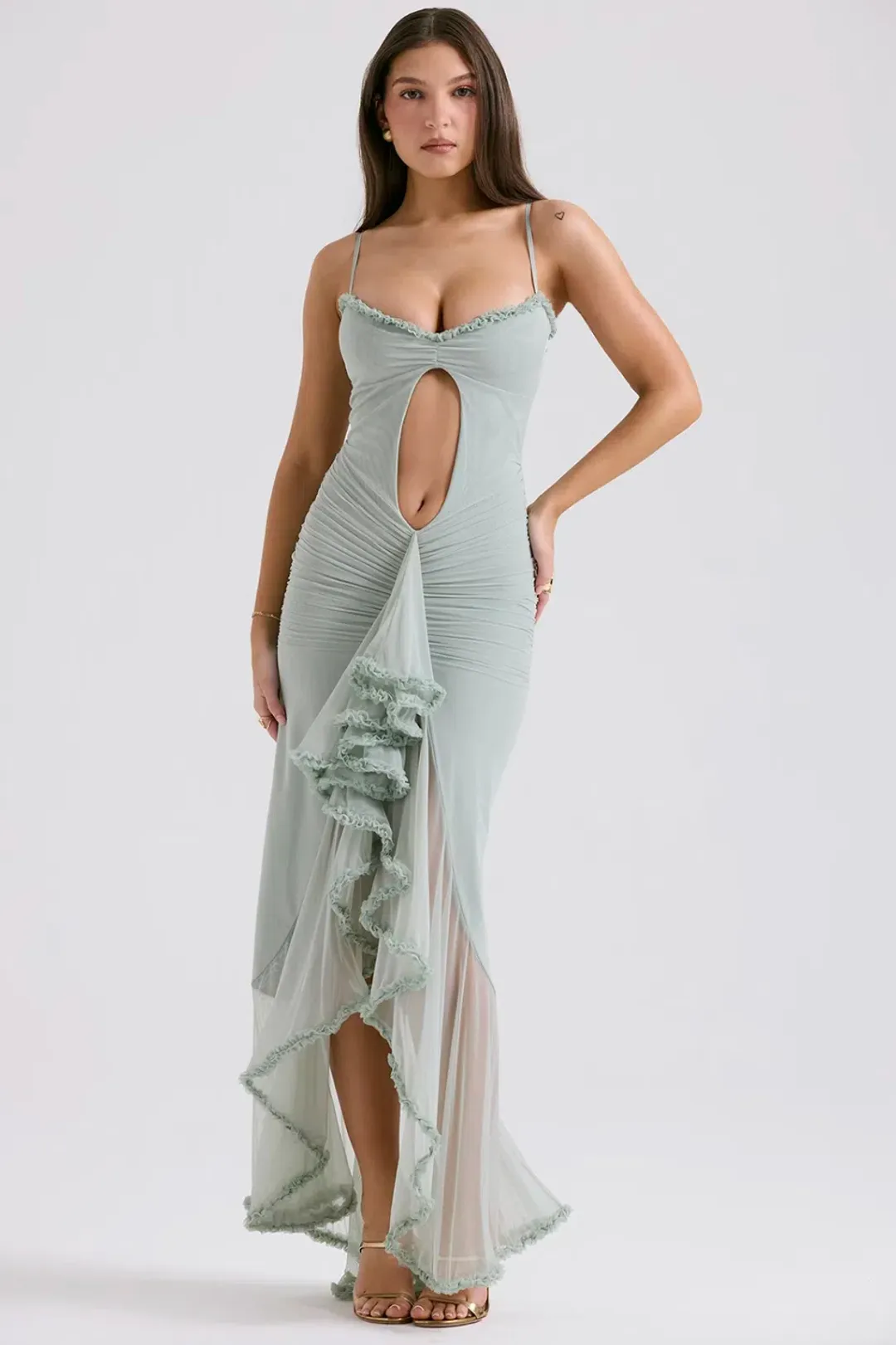 House Of Cb Gabriella Pistachio Ruffled Front Gown Size AU 8 for rent on The Volte - main image