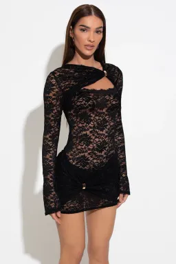Murci Catalina Longsleeve Lace Mini Dress Black Size AU 8 for rent on The Volte - image 2