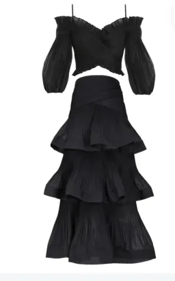 Zimmermann Pleated Off Shoulder Top and Ruffle Skirt Set Black Size AU 10 for rent on The Volte - image 3
