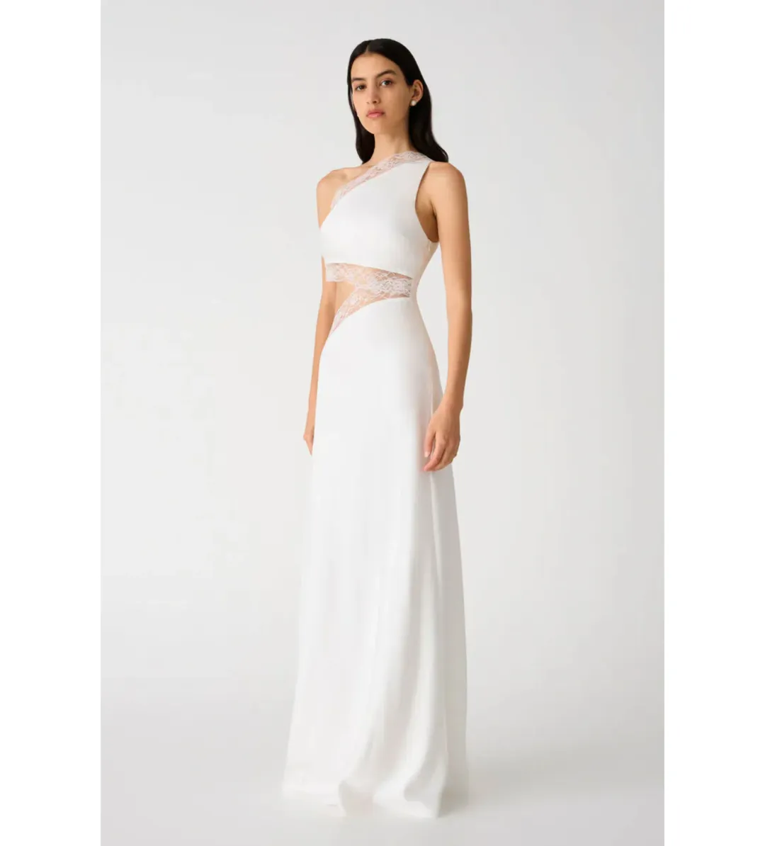 Misha Jillian Asymmetric Lace Gown in Ivory Size 12/L for rent on The Volte - main image