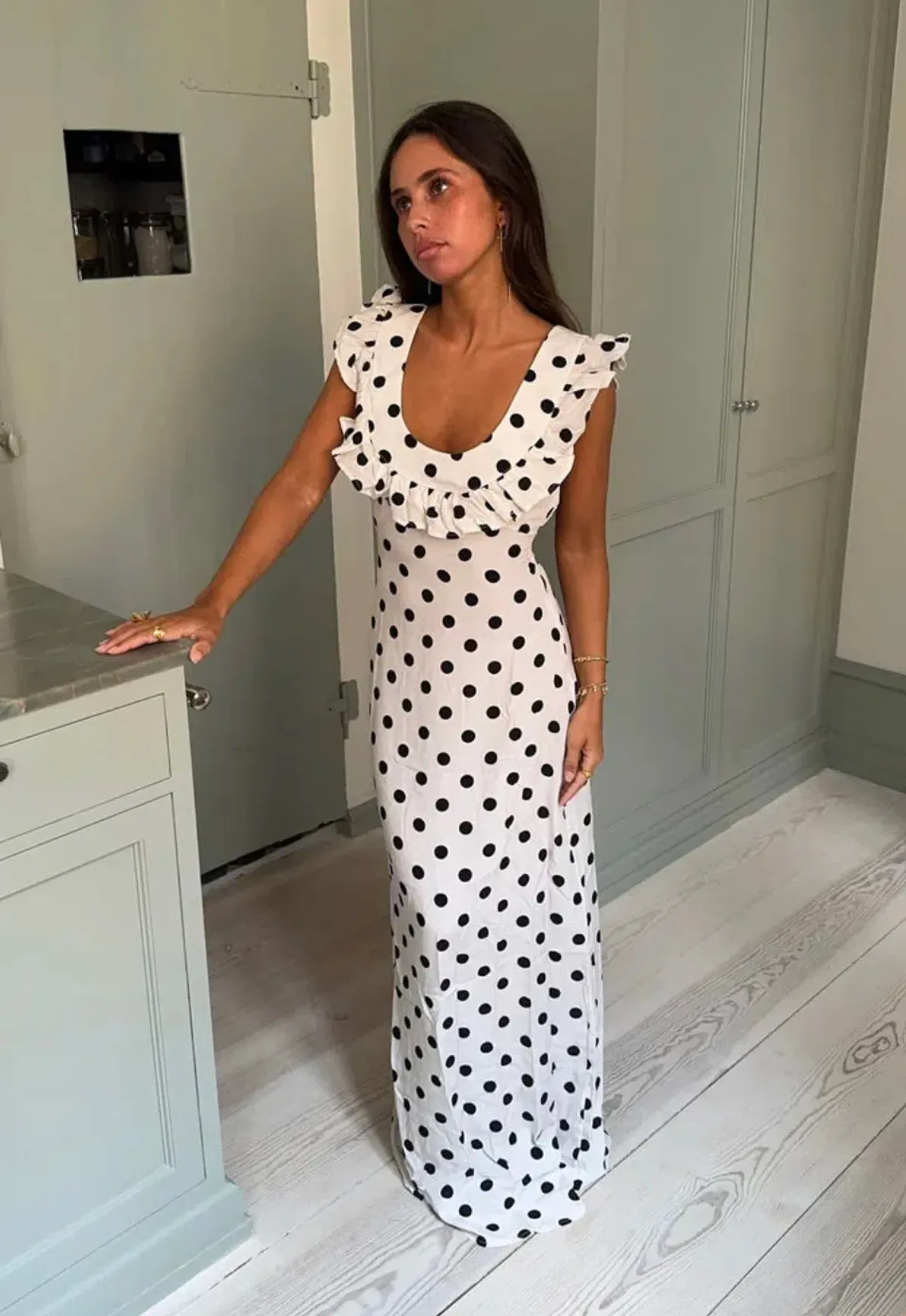 Design By Si Luna Maxi Dress in White with Polka Dots Size XS/AU6 for rent on The Volte - main image