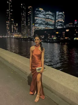 Nicoletta Halter Neck Fitted Satin Bridesmaid Maxi Dress in Bronze Size 6 for rent on The Volte - image 3