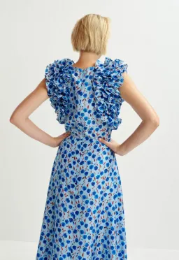 Essentiel Antwerp Essentiel Silk Print Ruffle Midi Dress in Blue Floral Size 10  for rent on The Volte - image 2