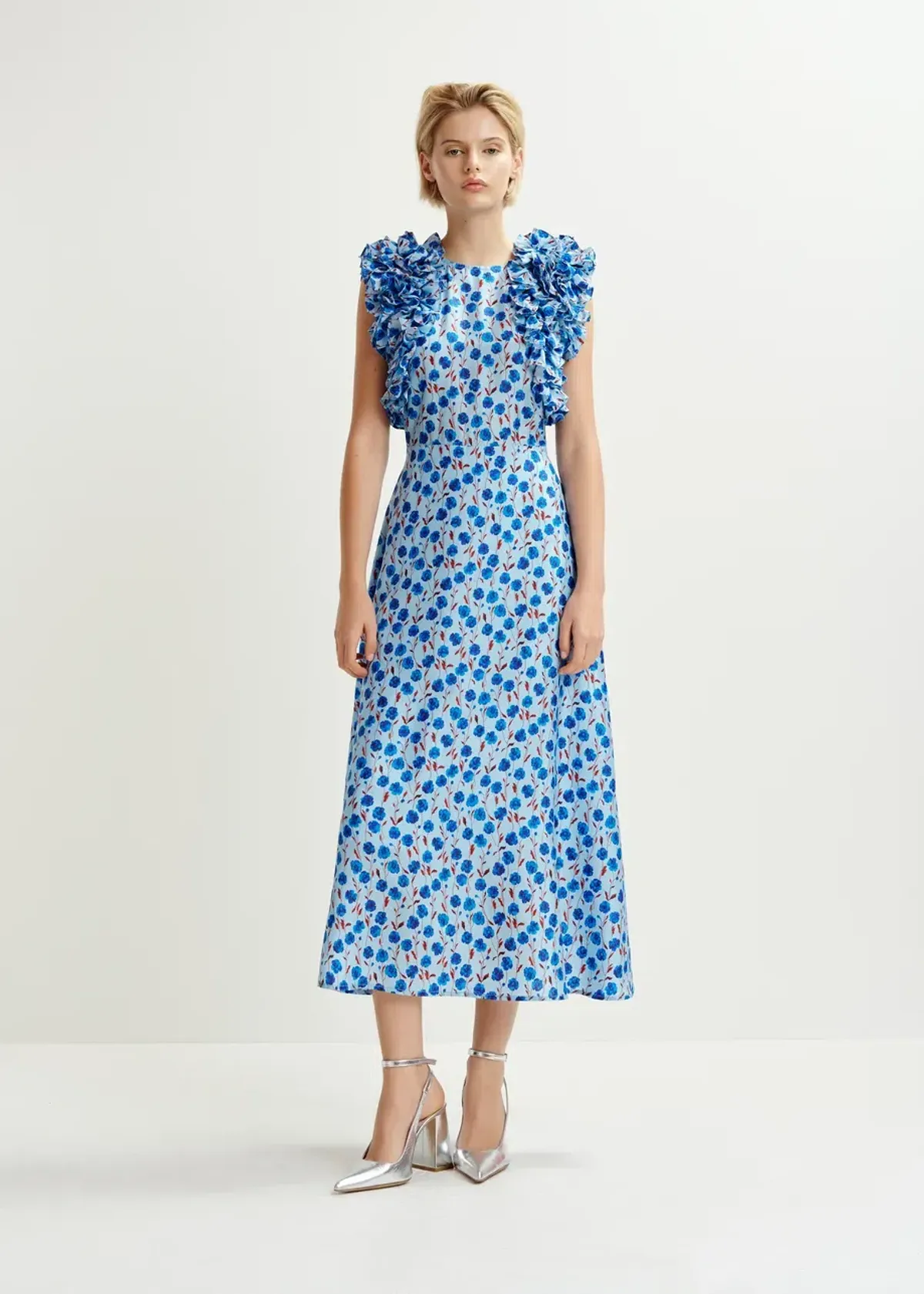Essentiel Antwerp Essentiel Silk Print Ruffle Midi Dress in Blue Floral Size 10  for rent on The Volte - main image