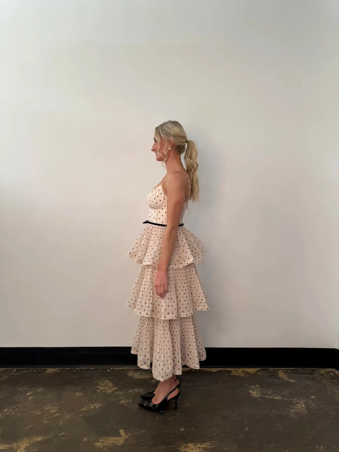 Zimmermann The Pleated Tiered Midi Dress in Cream/Black Polka Dot Size 8 for rent on The Volte - main image