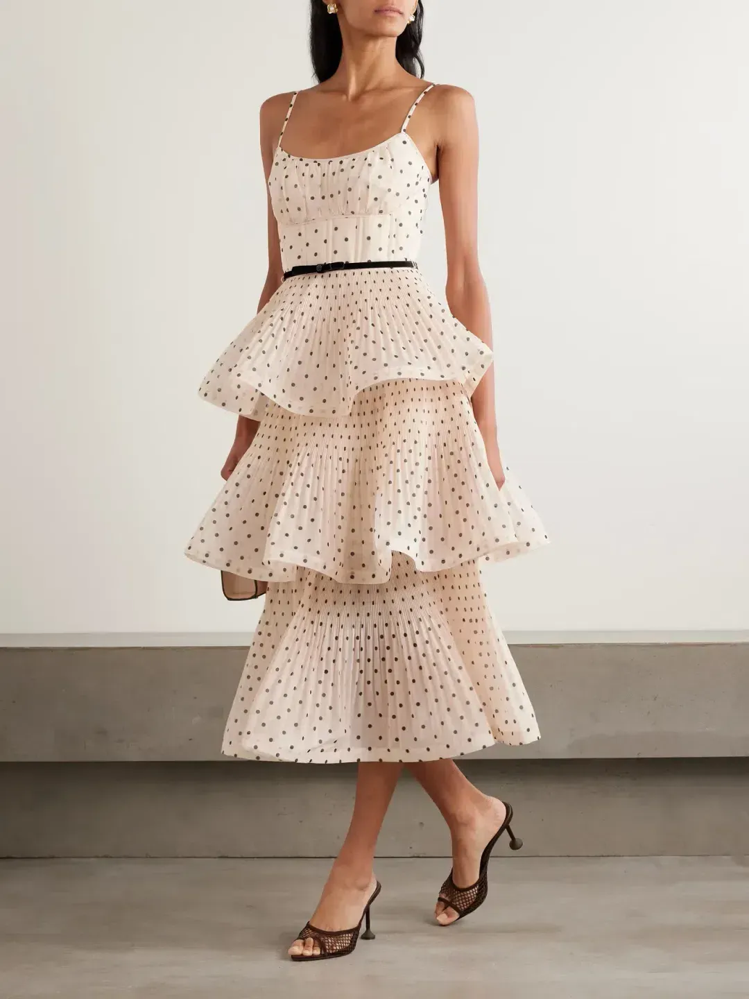 Zimmermann The Pleated Tiered Midi Dress in Cream/Black Polka Dot Size 8 for rent on The Volte - main image