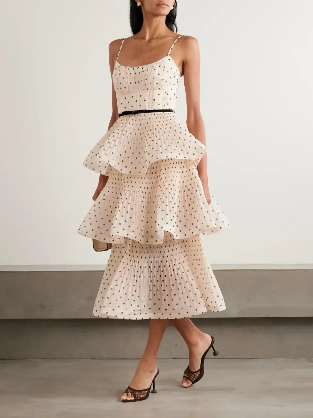 Zimmermann The Pleated Tiered Midi Dress in Cream/Black Polka Dot Size 8 for rent on The Volte - main image