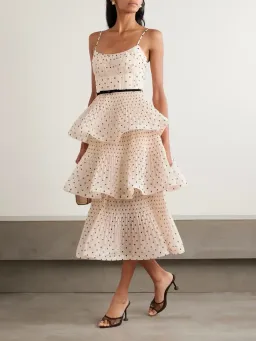 Zimmermann Pleated Tiered Midi Dress in Cream Black Polka Dot Size 1/AU10 for rent on The Volte - image 1
