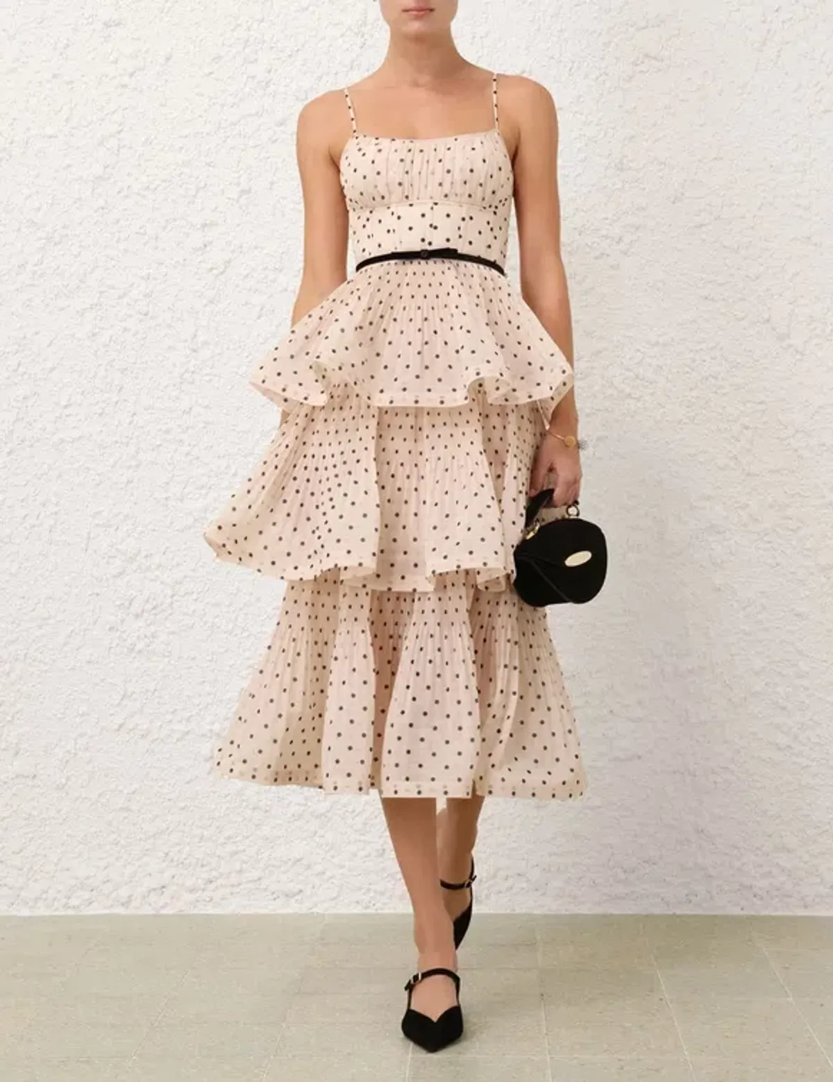 Zimmermann Pleated Tiered Midi Dress in Cream Black Polka Dot Size 1/AU10 for rent on The Volte - main image