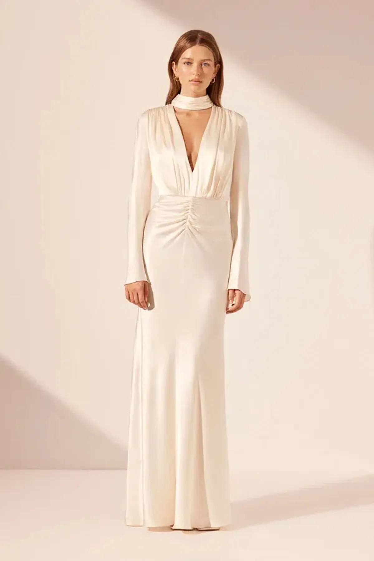Shona Joy La Lune Plunged Long Sleeve Maxi Dress Cream Size 6 for rent on The Volte - main image