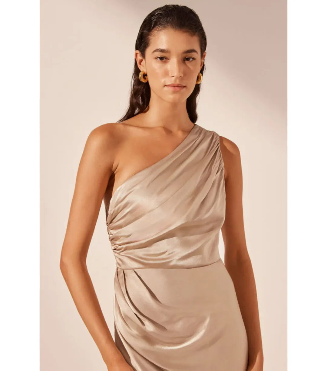 Shona Joy La Lune Gathered One Shoulder Maxi Dress Gold Size AU 16 for rent on The Volte - main image
