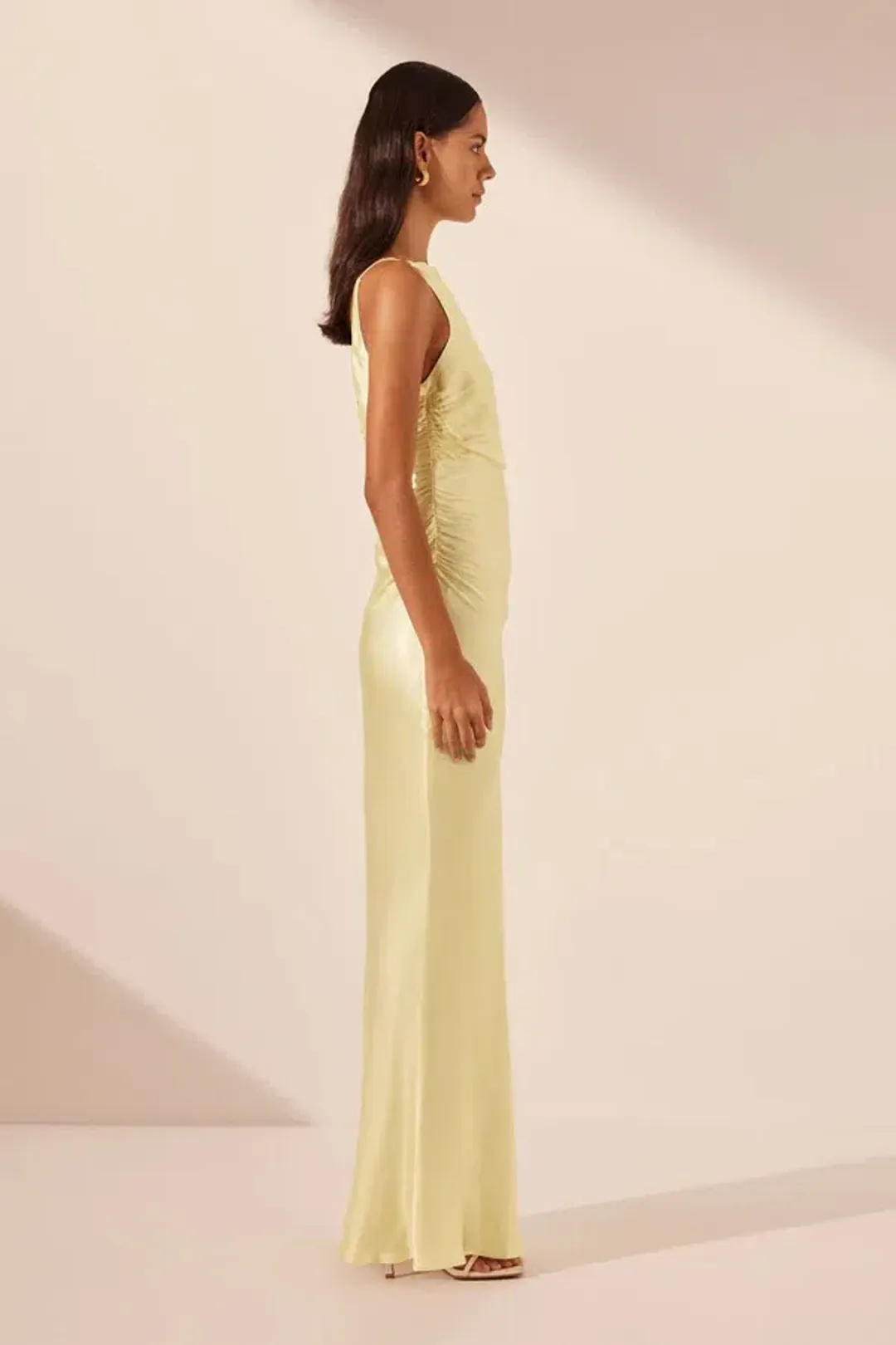 Shona Joy La Lune High Neck Ruched Maxi Dress Lemon Size 10 for rent on The Volte - main image