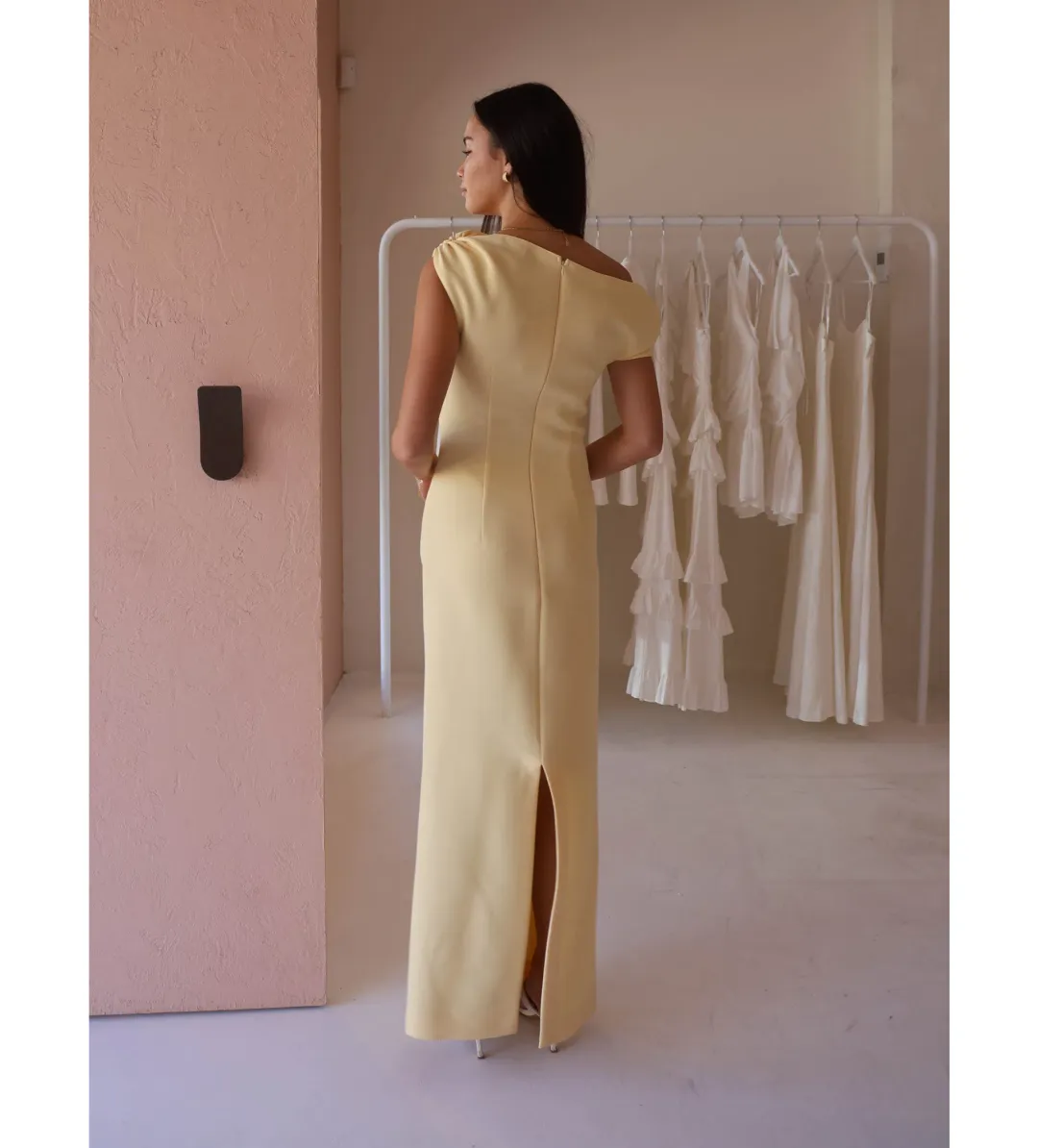 By Nicola Vivian Crepe Maxi Dress in Lemon Size 8 for rent on The Volte - main image