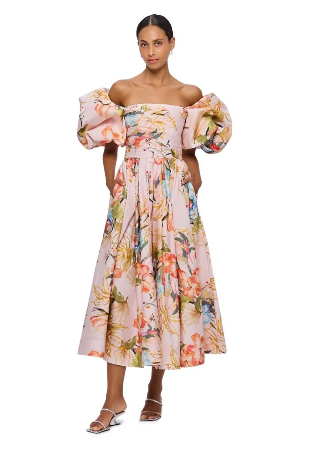 Leo Lin Matilda Puff Sleeve Midi Dress Opulent Print in Blush Size 14 for rent on The Volte - main image