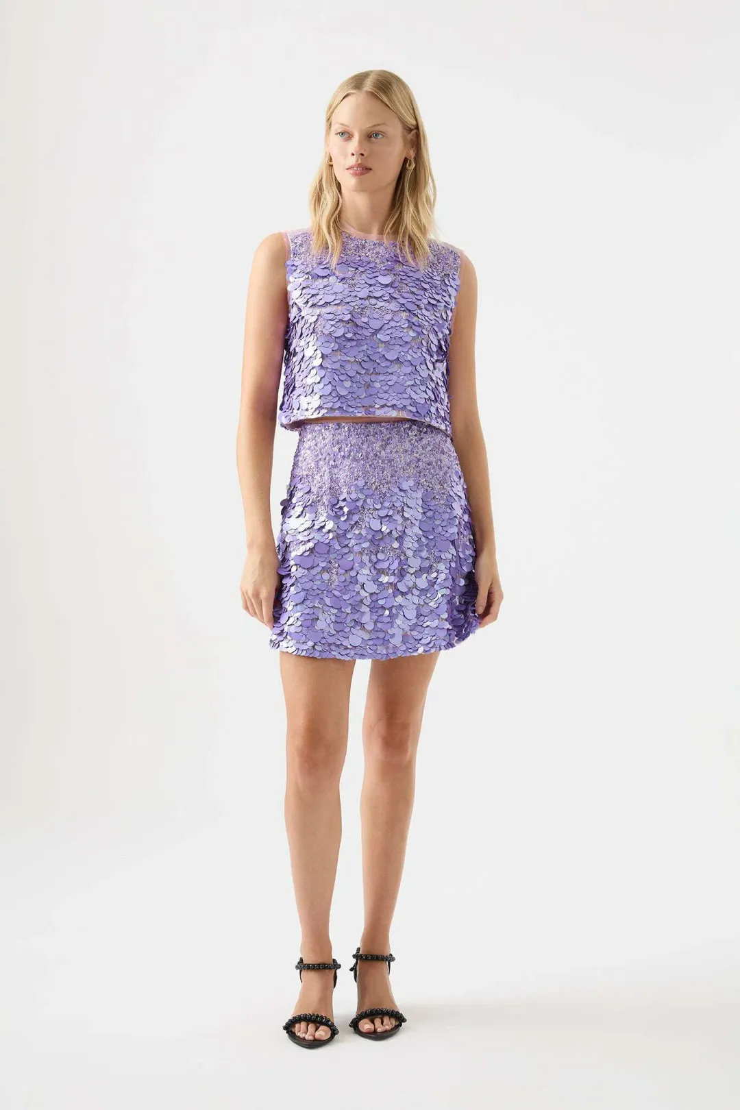 Aje Celeste Sequin Shell Top and Cherie Sequin Skirt Set Purple Size 8 for rent on The Volte - main image