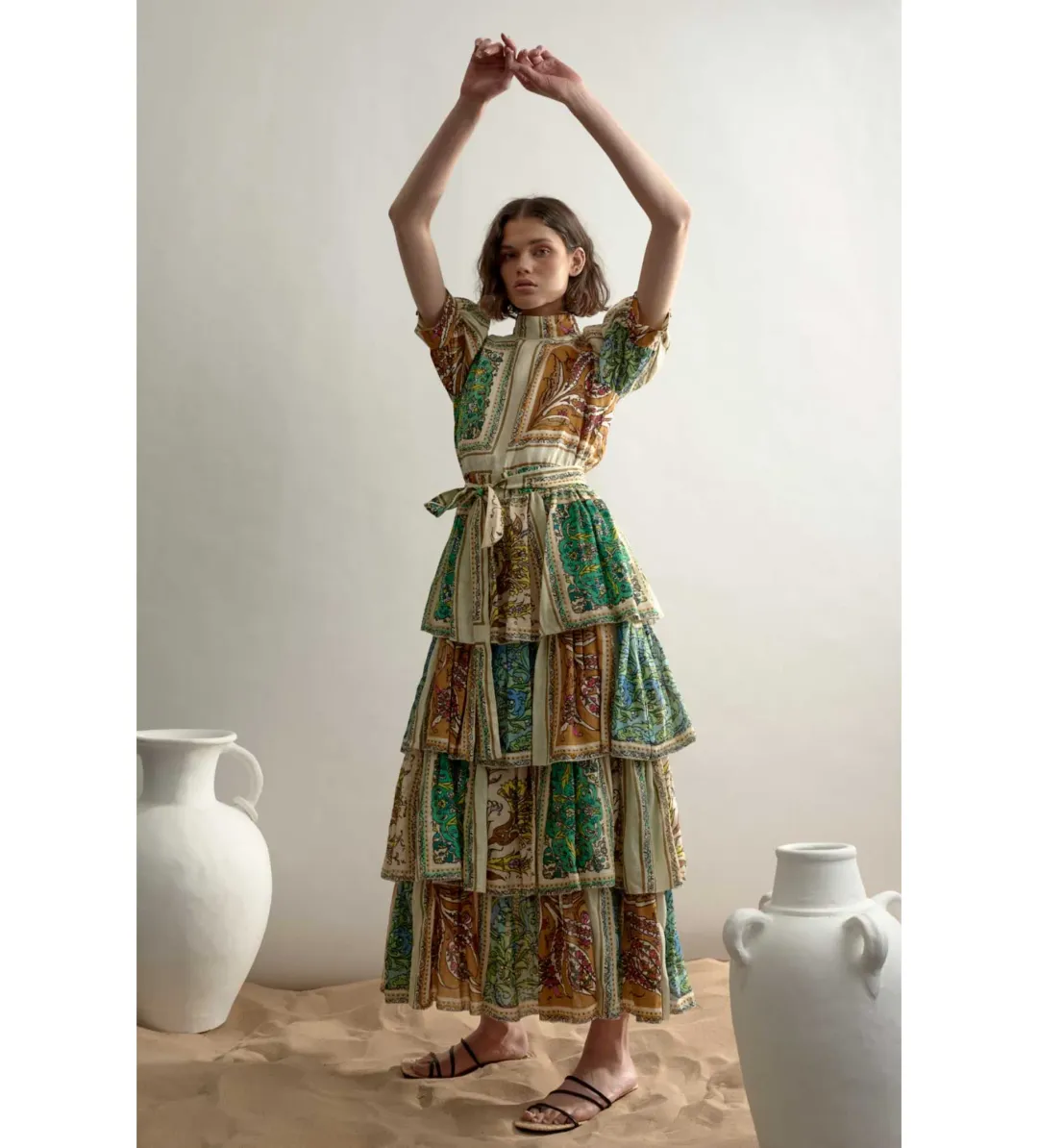 Alemais Delphine Tiered Midi Dress Multi Floral Size AU 10 for rent on The Volte - main image
