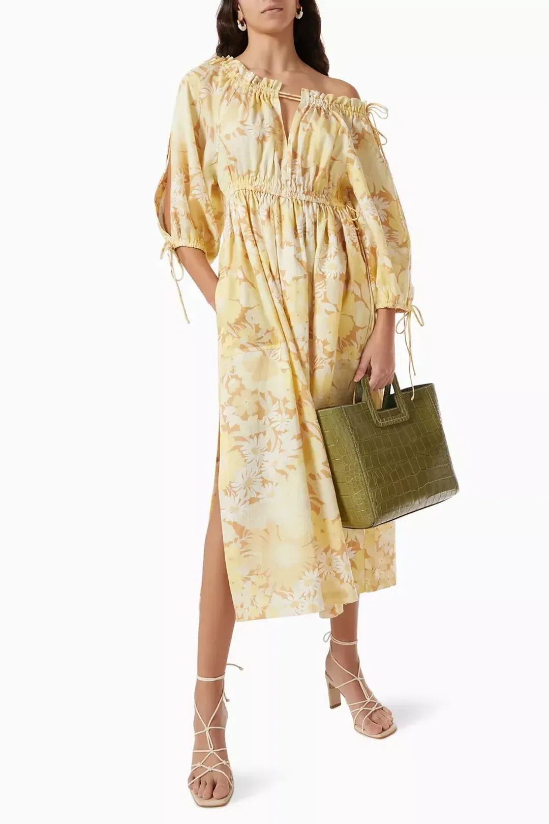 Oroton Garden Floral Midi Linen Dress In Sugarcane Size 6 for rent on The Volte - main image