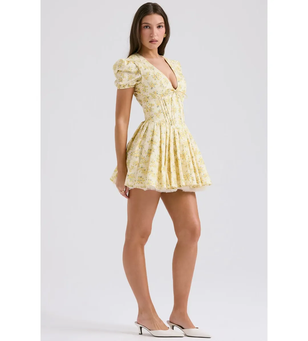 House Of CB Imani Buttercup Pleated Cotton Mini Dress Vintage Floral Print Size 8 for rent on The Volte - main image