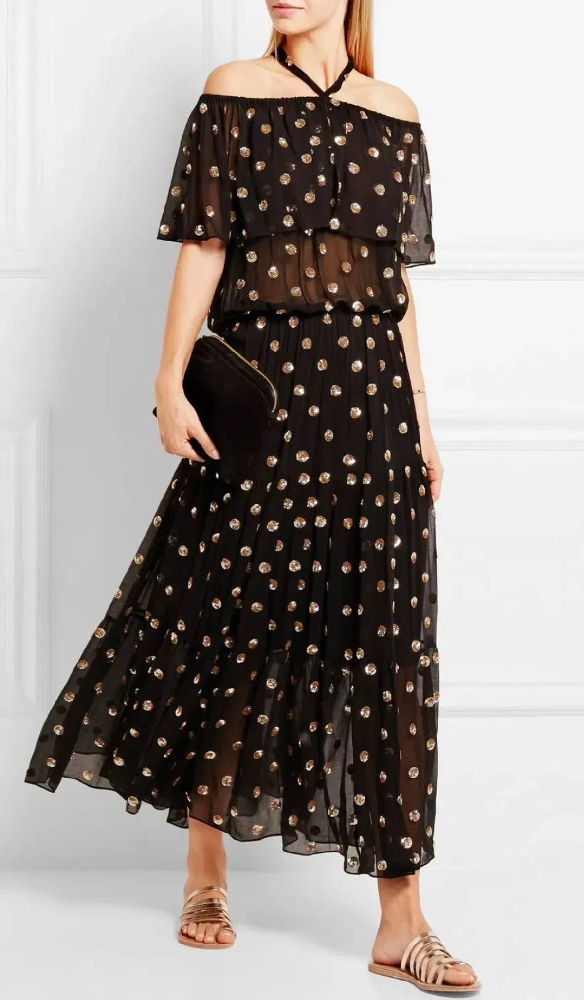 TEMPERLEY LONDON Jolie Sequin Embellished Georgette Maxi Dress Black, Size 8 for rent on The Volte - main image
