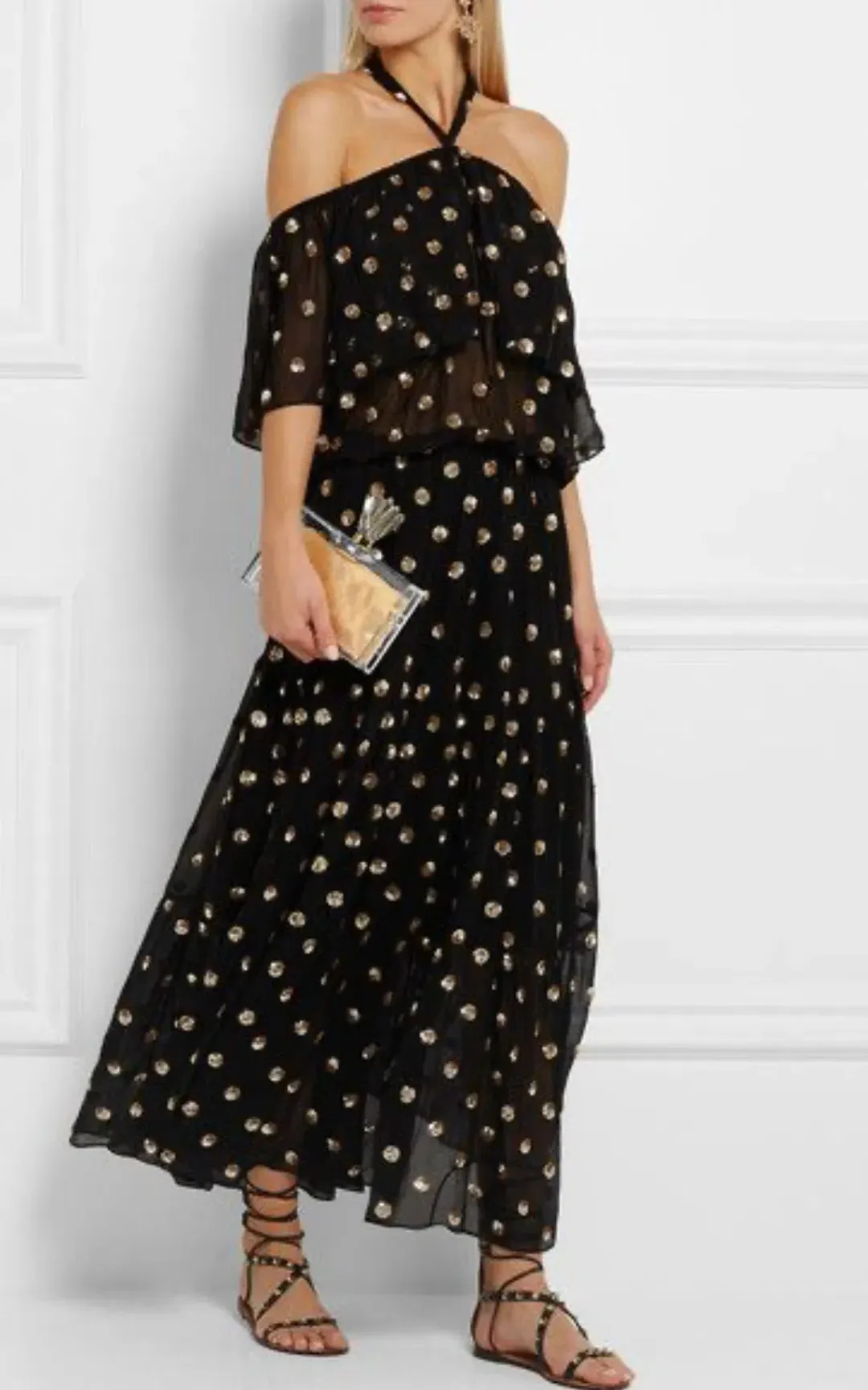 TEMPERLEY LONDON Jolie Sequin Embellished Georgette Maxi Dress Black, Size 8 for rent on The Volte - main image